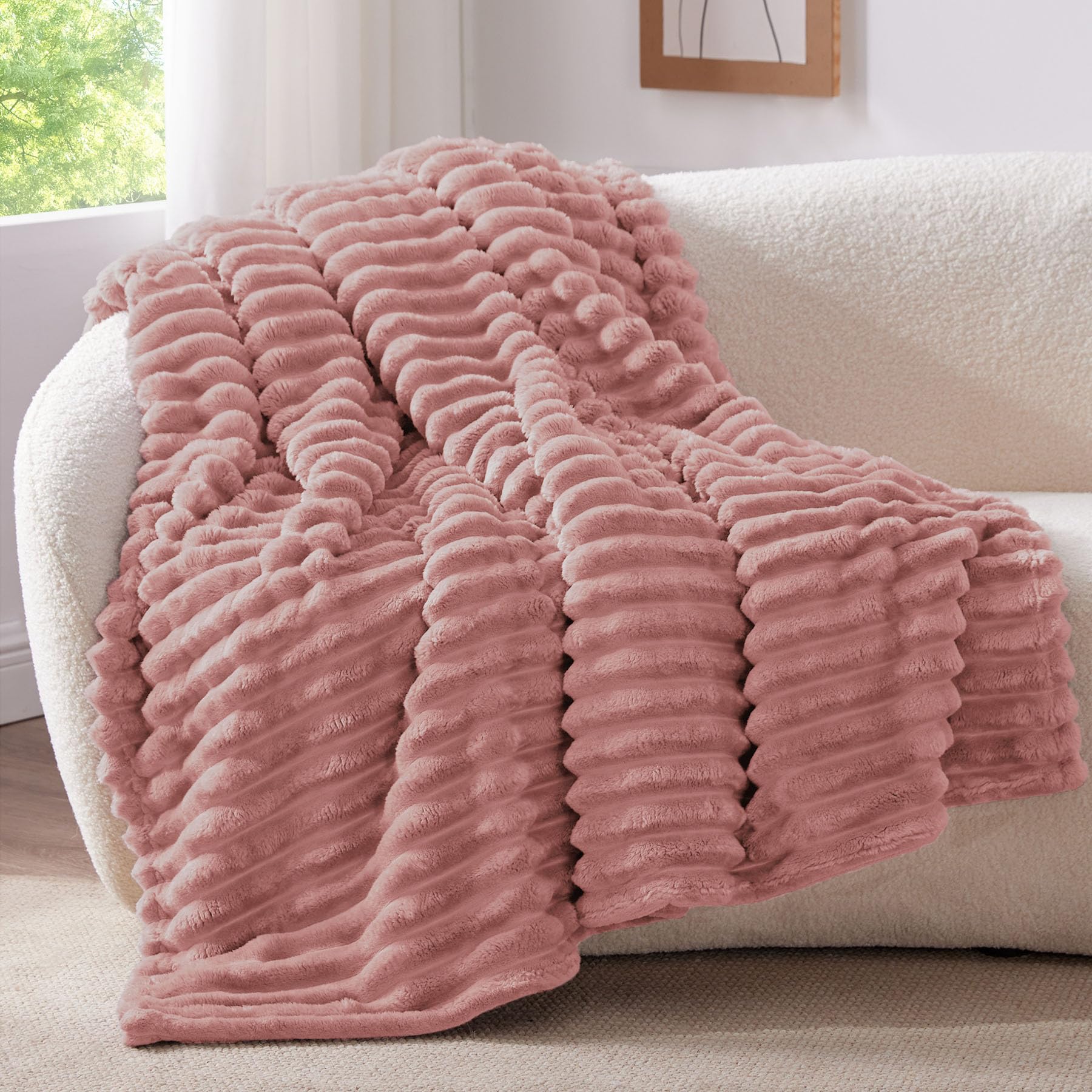 BEDELITE Fluffy Fleece Throw Blanket, Striped Decorative Soft Warm Gift for Sofa Bed Couch, Twin Size, Dusty Pink