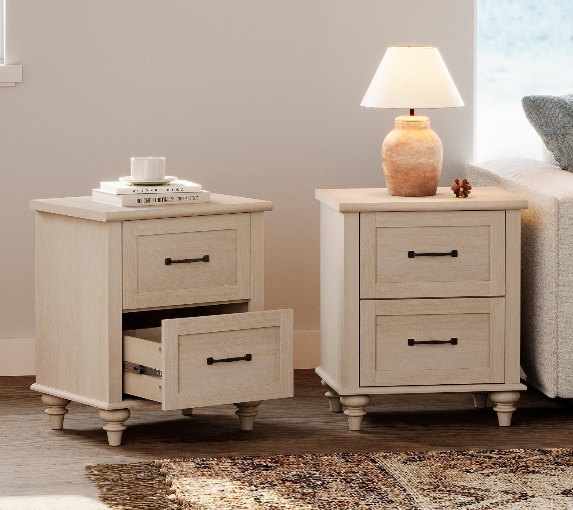 WAMPAT Nightstands with Charging Station Set of 2, 20 Inch Night Stand with 2 Drawers, Rustic Wood Bedside Table End Tables with Solid Wood Legs for Bedroom, Beige