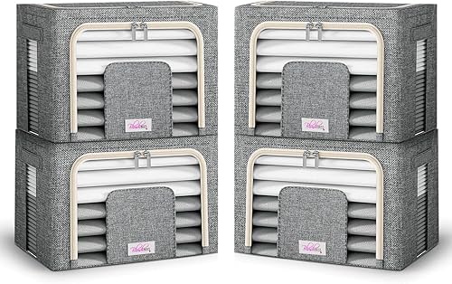 Blushbees Cajas de almacenamiento plegables de tela Oxford para ropa, colchas, lino con soportes de metal (paquete de 4 cajas, tamaño grande de 20 x
