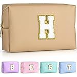 TOPEAST Preppy Bag, Monogrammed Makeup Bags with Zipper, Cute Makeup Pouch, Initial Birthday Gifts Bag for Daughter Friends Sister, Preppy Things for Girls (Khaki H)