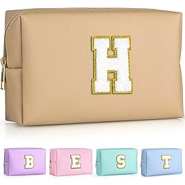 TOPEAST Preppy Bag, Monogrammed Makeup Bags with Zipper, Cute Makeup Pouch, Initial Birthday Gifts Bag for Daughter Friends Sister, Preppy Things for Girls (Khaki H)