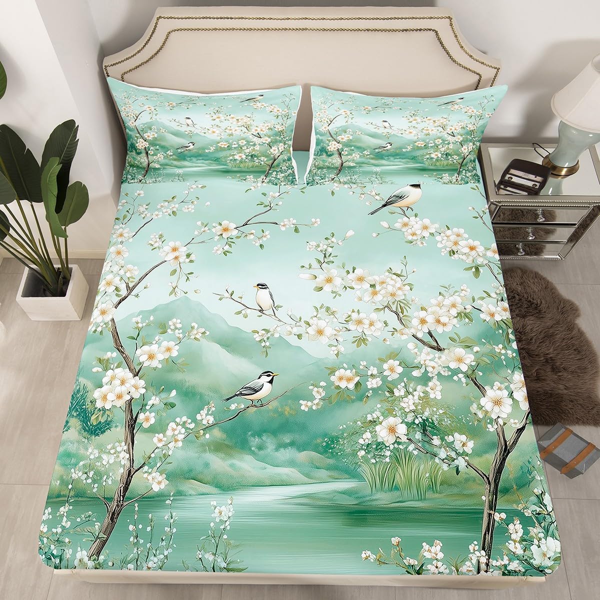 White Horse Fitted Sheet Cherry Blossom Bed Sheets Wildlife Horse Sheets for Cowboy Cowgirl Japanese Style Room Decor,Rustic Western Bedding Set,Full