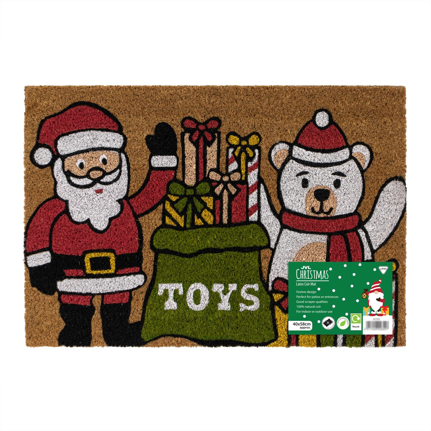 JVL Latex Backed Coir Entrance Doormat, 40x58cm, Santa