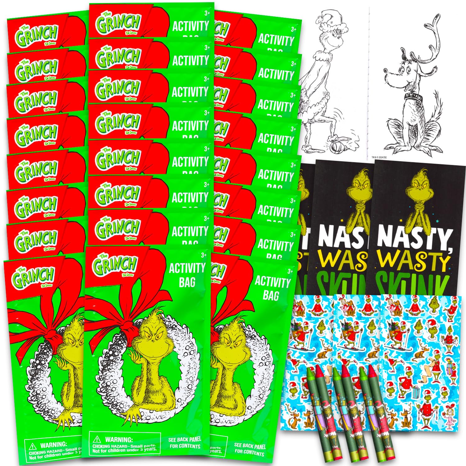 Dr. Seuss Grinch Birthday Party Favors Stocking Stuffers Set - Bundle with 24 Grinch Play Packs for Christmas Party Supplies | Mini Coloring Books,