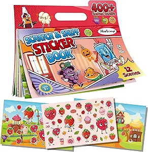 HORIECHALY Sticker Books for Toddlers 2-4 Years, Scratch and Sniff Kid Sticker Book with 12 Scenes & 400+ Scented Food Stickers, Portable Handle for Travel/Airplane, Smelly Craft Gift for Boy and Girl
