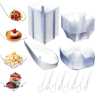 200 Pcs Mini Appetizer Plates with Spoons and Forks Plastic Mini Dessert Plates Clear Square Plate Leaf Shape Dessert Bowls for Sauce Snacks Party Birthday Wedding