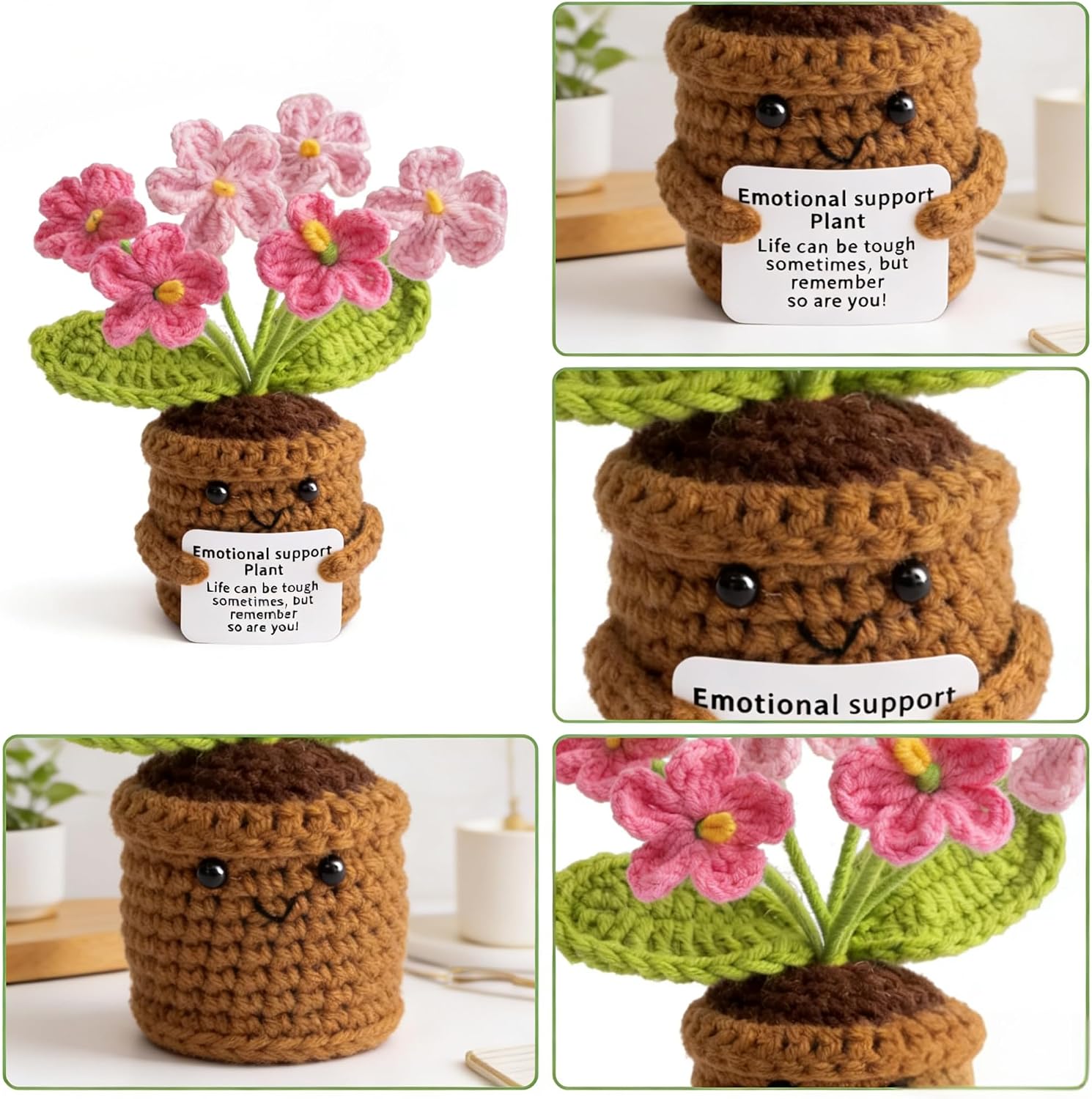 Handmade Crochet Emotional Support Plant with Encouragement Card, Cute Pink Knitted Potted Flower, Desk Decor & Stress Relief for Women, Mom, Friends, Coworkers, Birthday, Mother's Day