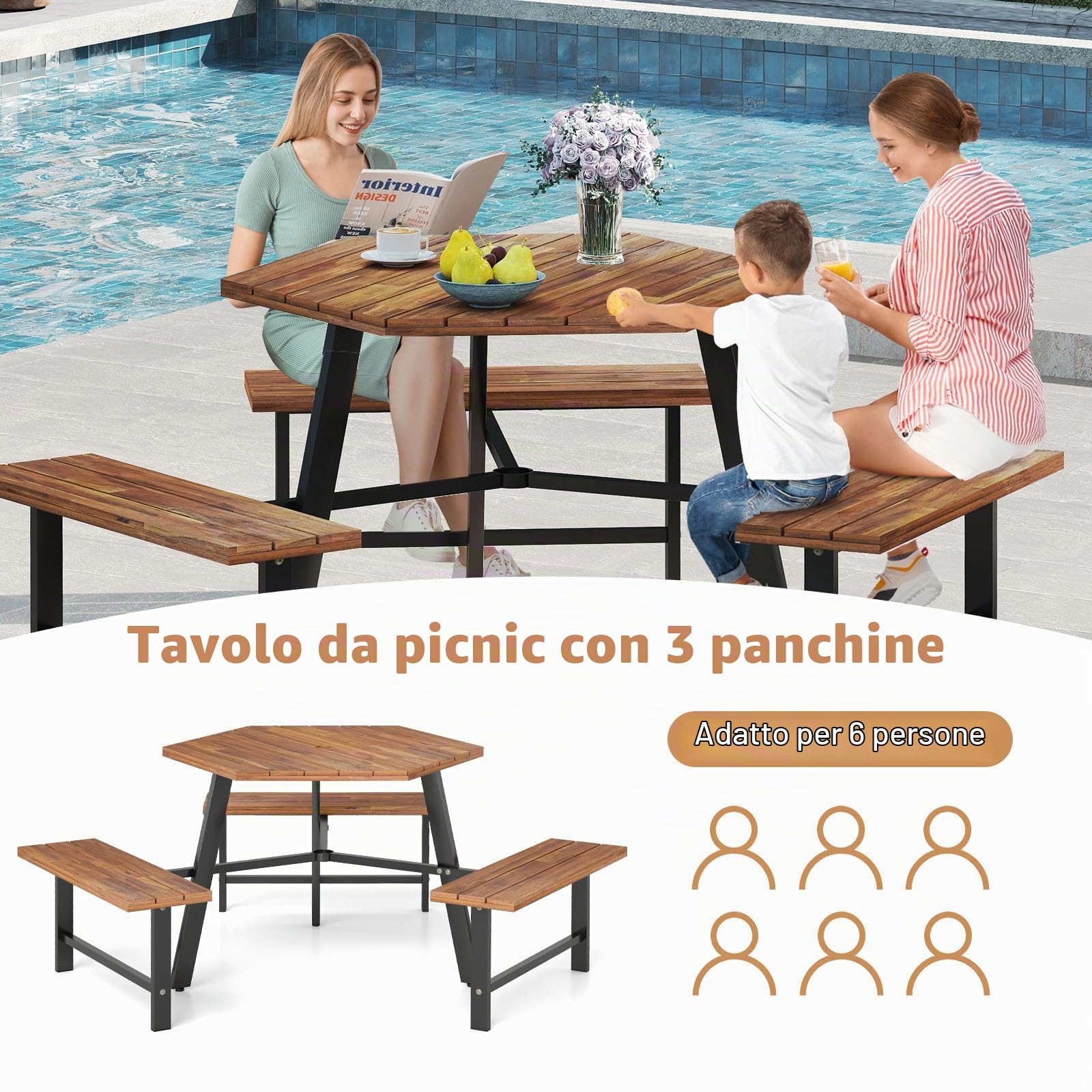 GIANTEX Tavolo da Picnic per 6 Persone, Tavolo da Giardino in Legno di Acacia con Foro per Ombrellone e 3 Panche Integrate, Set da Pranzo Resistente alle Intemperie per Terrazza, Cortile, Giardino