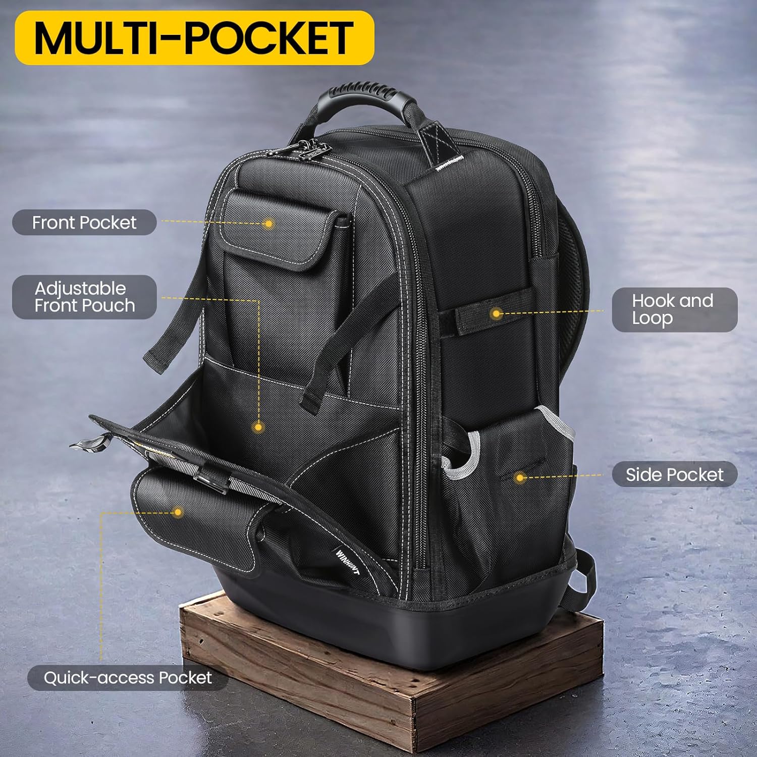 WINHUNT Tool Backpack for Men, Heavy Duty Tool Bag Backpack with Waterproof Molded Base, 23 Pockets Tool Storage Organizer Bag for Eelectrician Construction Work, Black