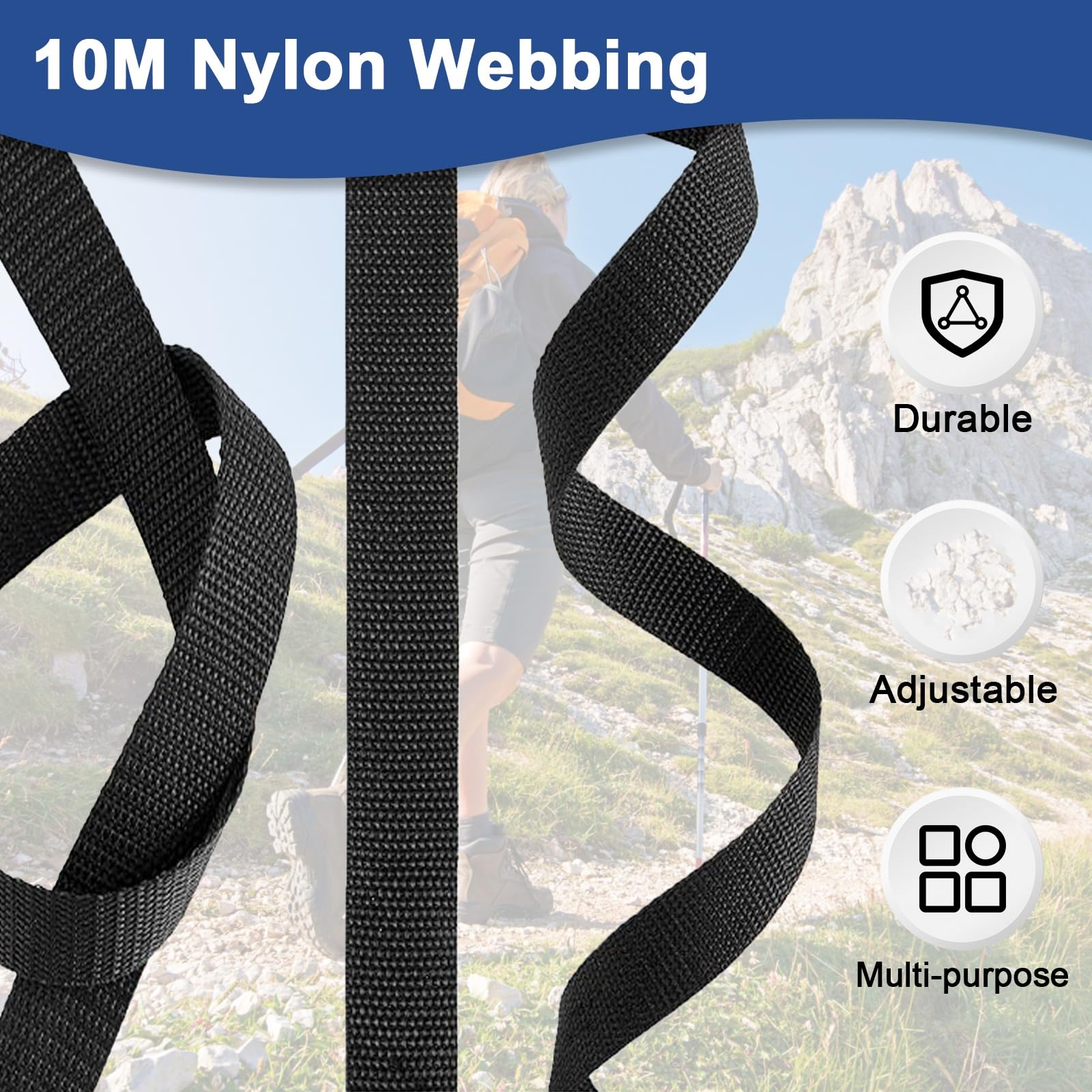 Sangle en Nylon de 10 m avec 20 Paires de Boucles, 20 mm de Long, Bande en Nylon Noir avec Fermeture Rapide pour Sac à Dos, Sac à Bagages, Collier pour Chien, Noir, 2 cm x 10 m