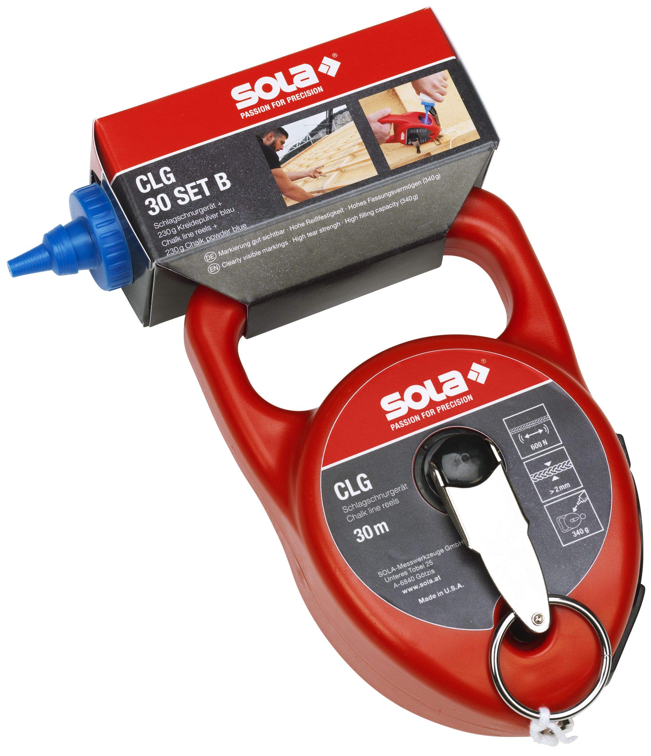 Sola CLG - Set di cordini con gesso, 30 metri di corda per marcatura facile, polvere di gesso blu per una buona visibilità su superfici chiare