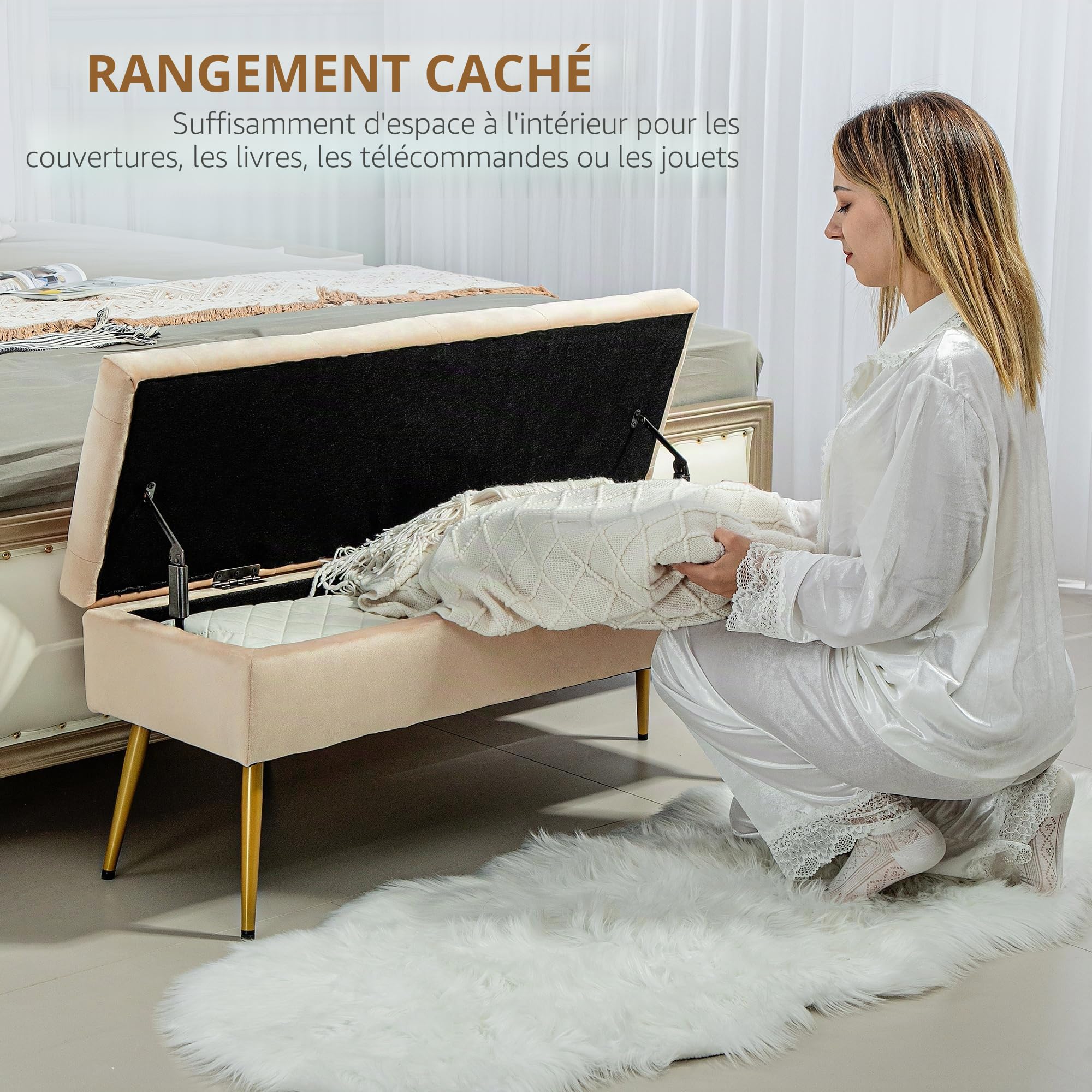 HOMCOM Banc de Rangement Couvercle, Aspect Velours, 102x35x43cm, Beige