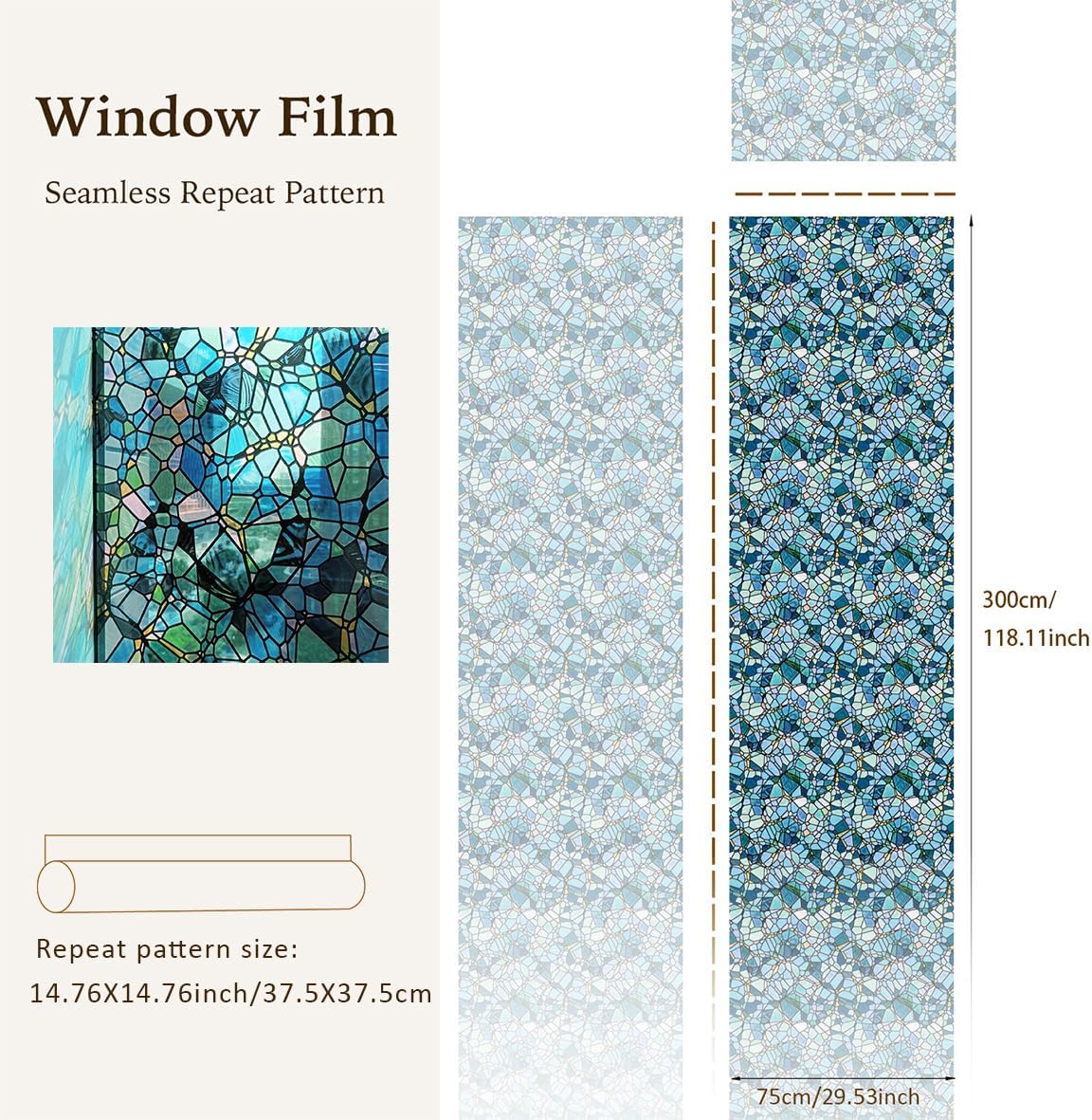 funlife Original Hand-Drawn Stained Glass Window Film, Reusable Double-Sided Static Cling Window Films Suitable for Entryway, Non-Adhesive Glass, 29.53"x118", Blue Cobblestones