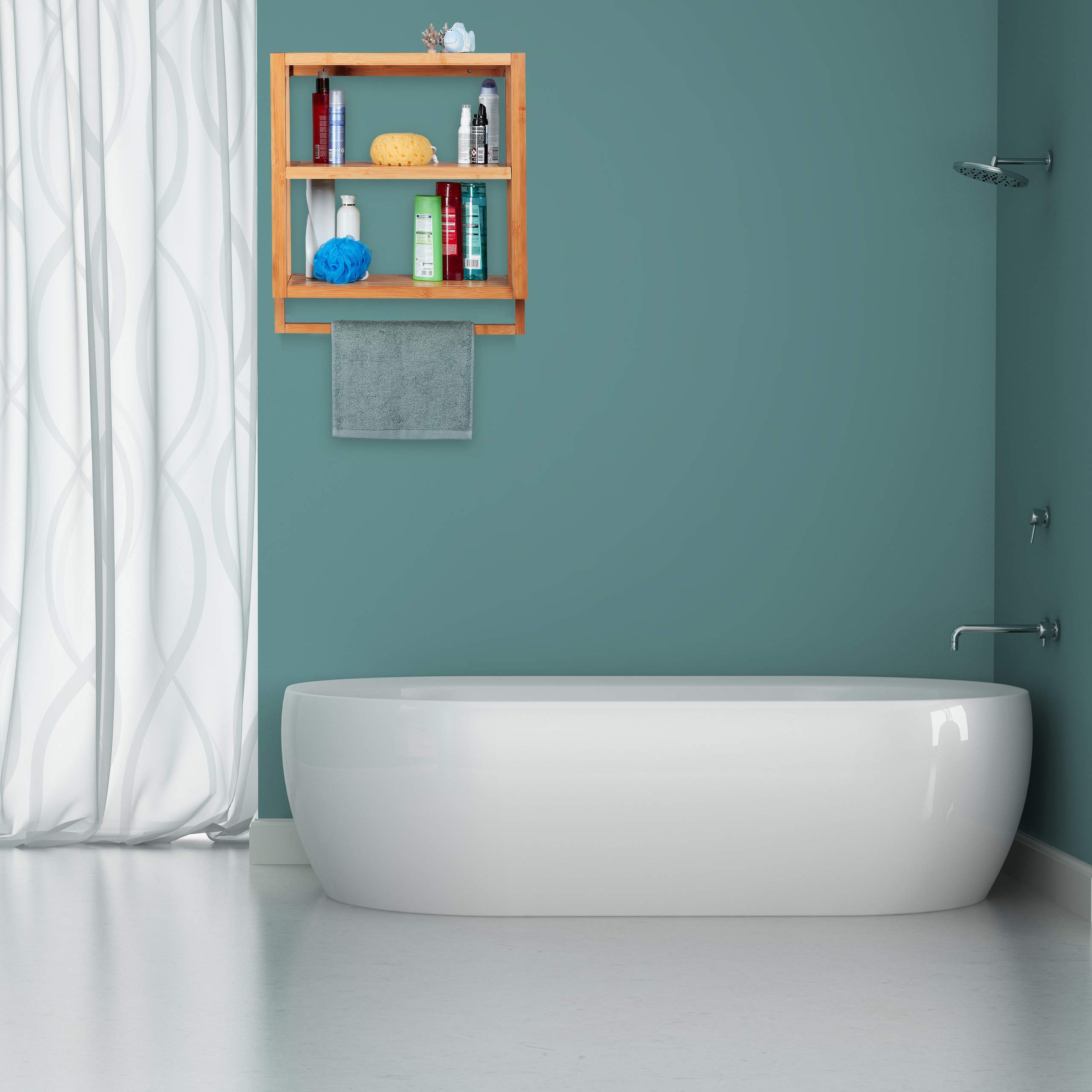 Relaxdays Mensola per Doccia in Bambù, 3 Ripiani, Portasciugamani, Scaffale per Cucina & Bagno, HLP 58,5x52x21cm,legno