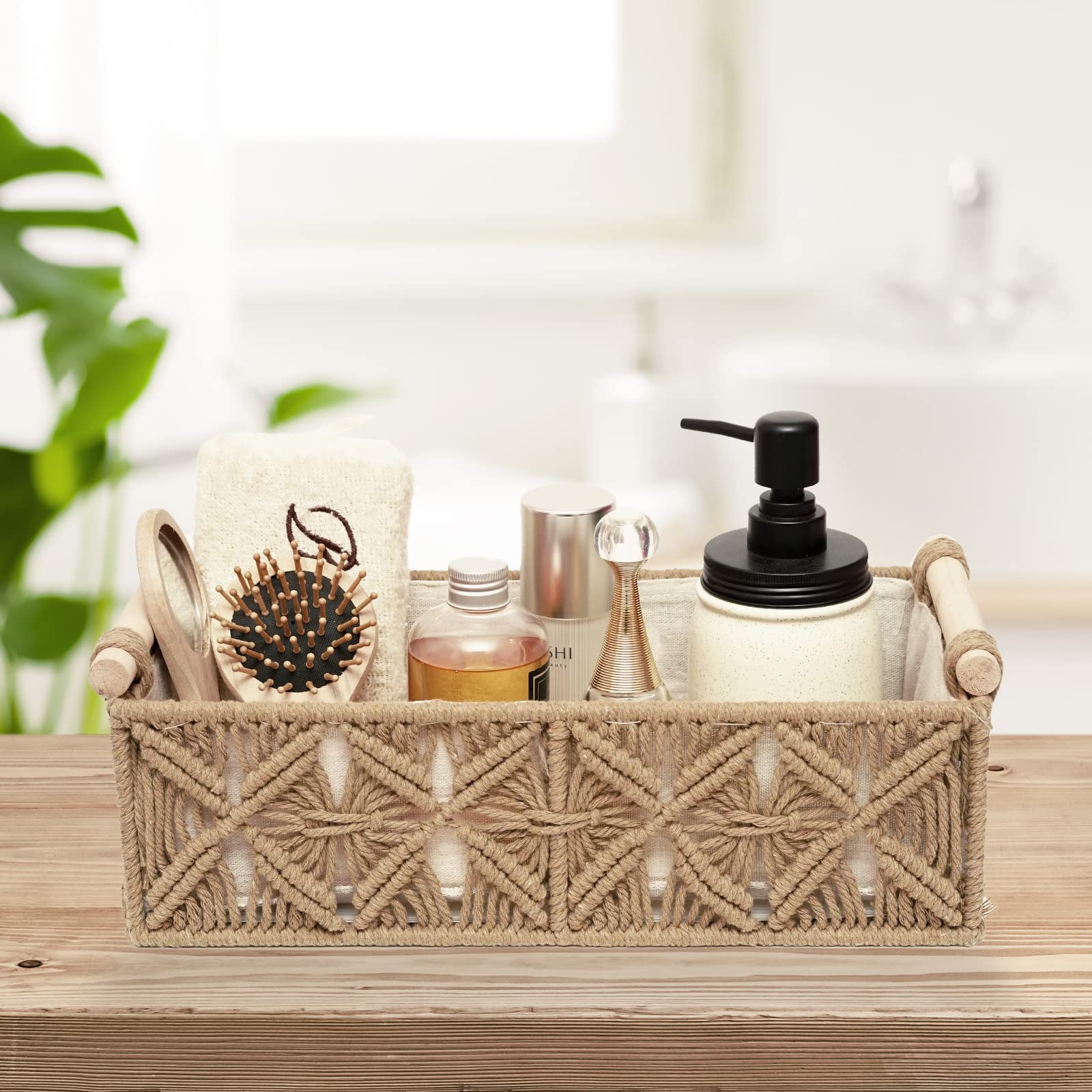 Cesta de almacenamiento de macramé, estilo boho, para organizar, tejidas, para papel higiénico y cisterna de inodoro, decoración del hogar con asa, para baño y cuarto infantil, set de 2