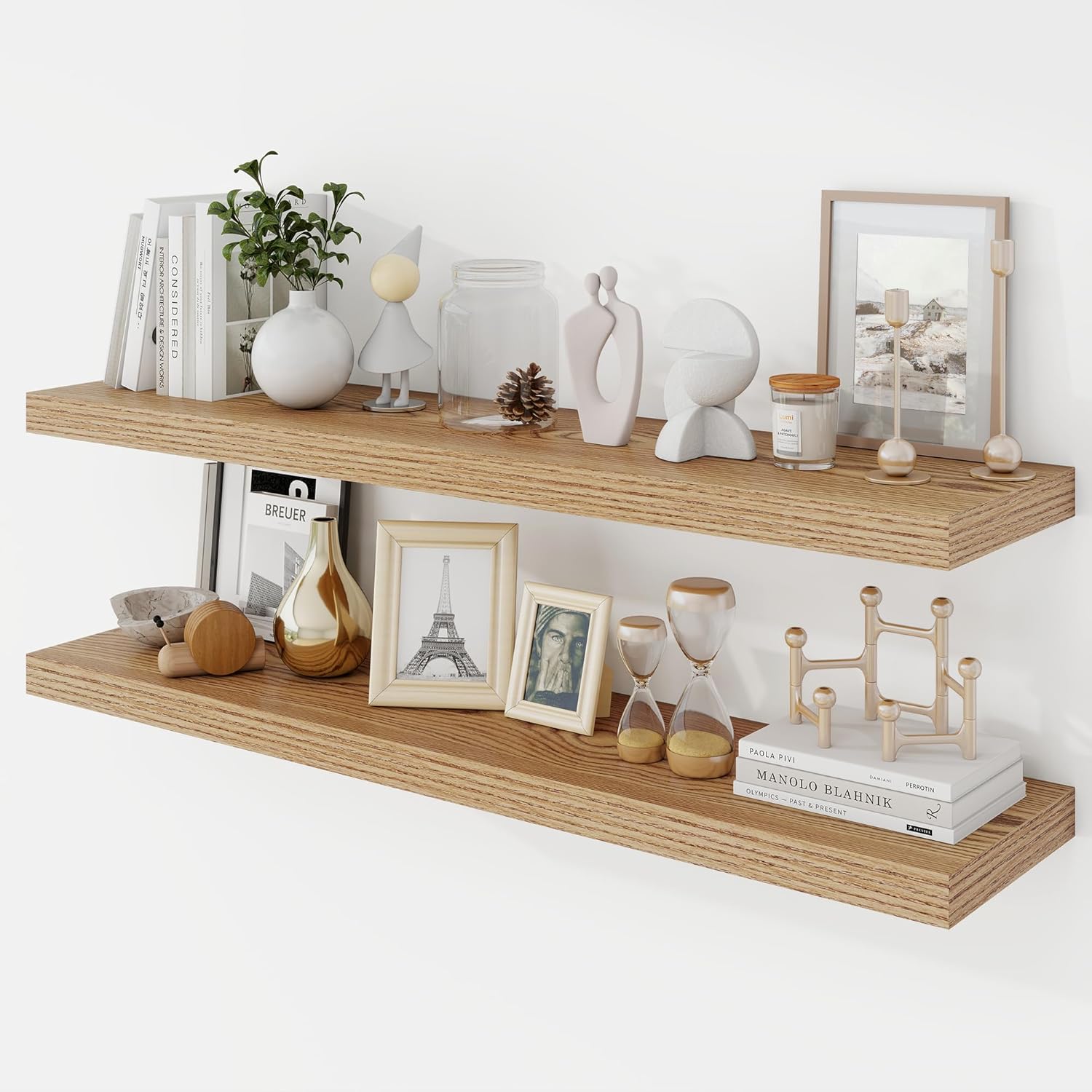 40 Inch Floating Shelves, 9.3" Deep Floating Shelf Wall Mounted, 40" Wall Shelves, Rustic Deep Bookshelf, Large Display Shelves & Storage Shelves for Bedroom, Living Room, Light Brown, Set of 2 Light Brown 40"