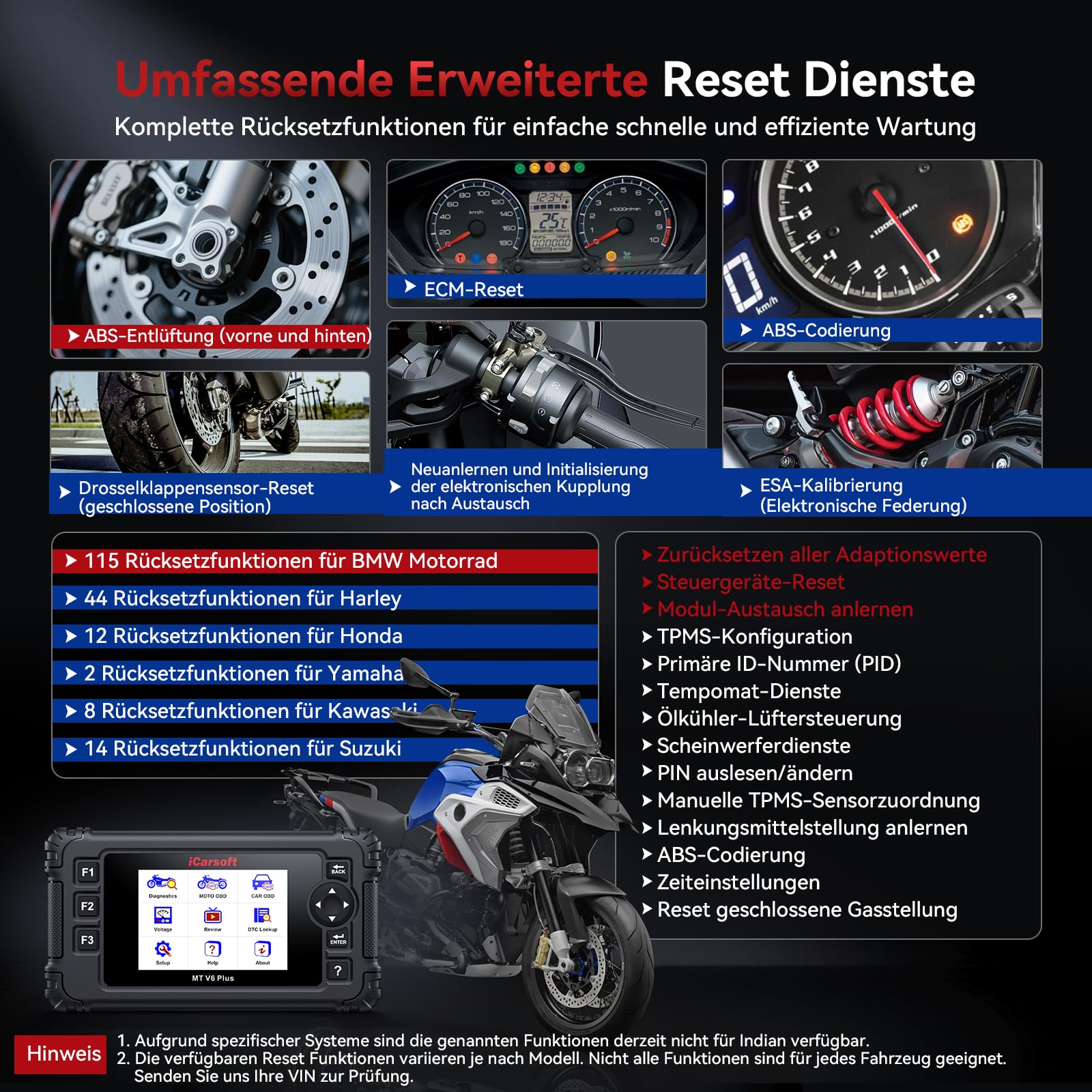 iCarsoft Motorrad OBD2 Diagnosegerät für Alle Motorrad, Alle Systeme Diagnosewerkzeuge mit Batterieklammern für Motorrad, Hot Reset Funktionen, ECM, ABS, IMMO, Datenstrom für BMW/Hon.da/Suzuki/Ducati