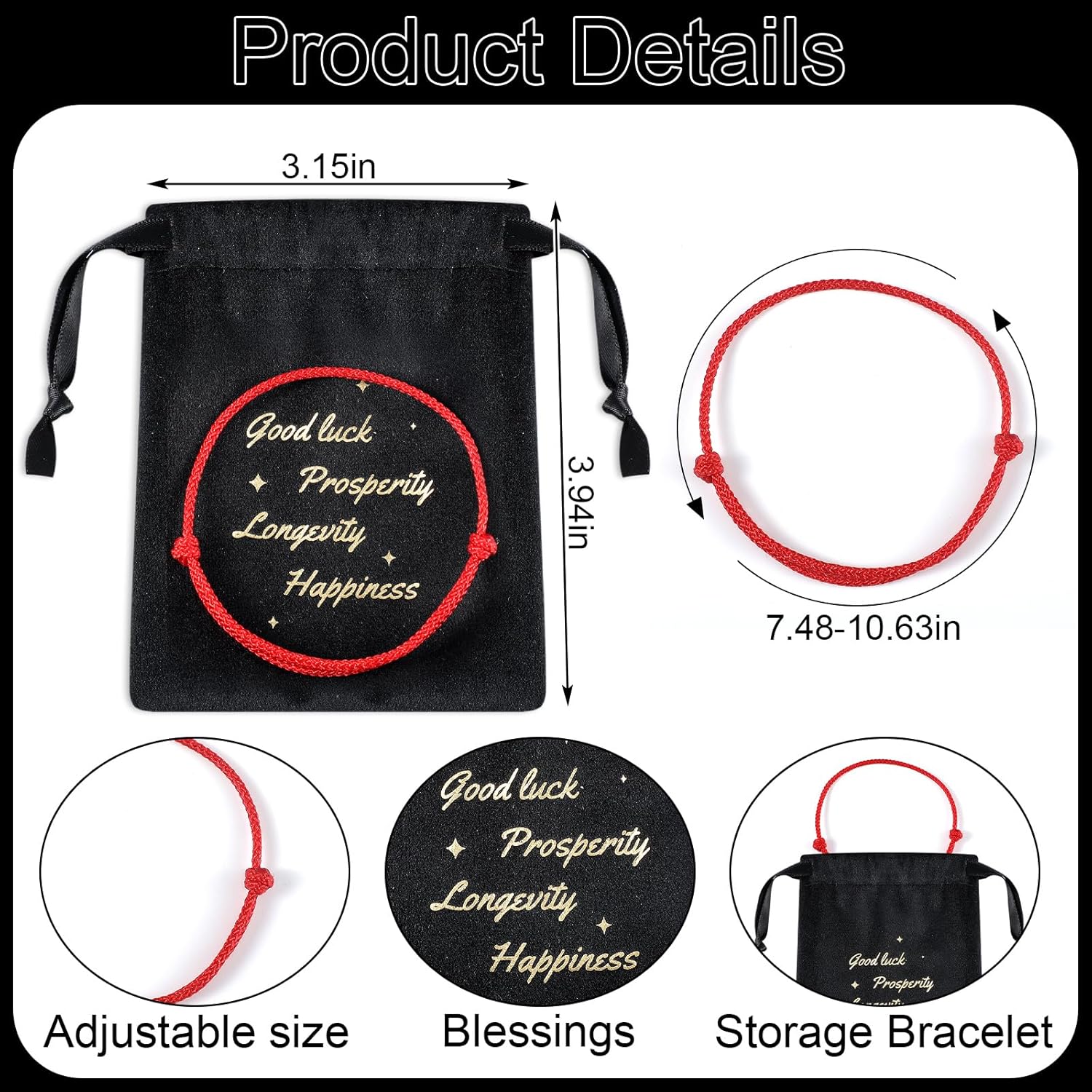 Landical 3 Pcs Kabbalah Red String Bracelet Handmade Red Cord Bracelet Adjustable String Amulet with 3 Pcs Velvet Jewelry Bags for Women Men for Protection, Evil Eye and Good Luck - Image 2