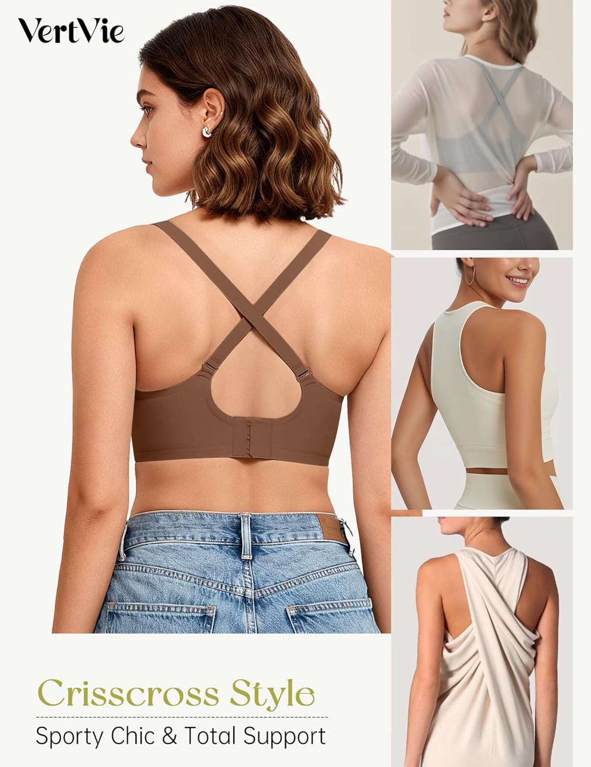 Vertvie Womens Wireless Jelly Bra Push Up No Underwire Full Support Removable Straps (Halter/U/Cross) Seamless T-Shirt Bras - Image 3