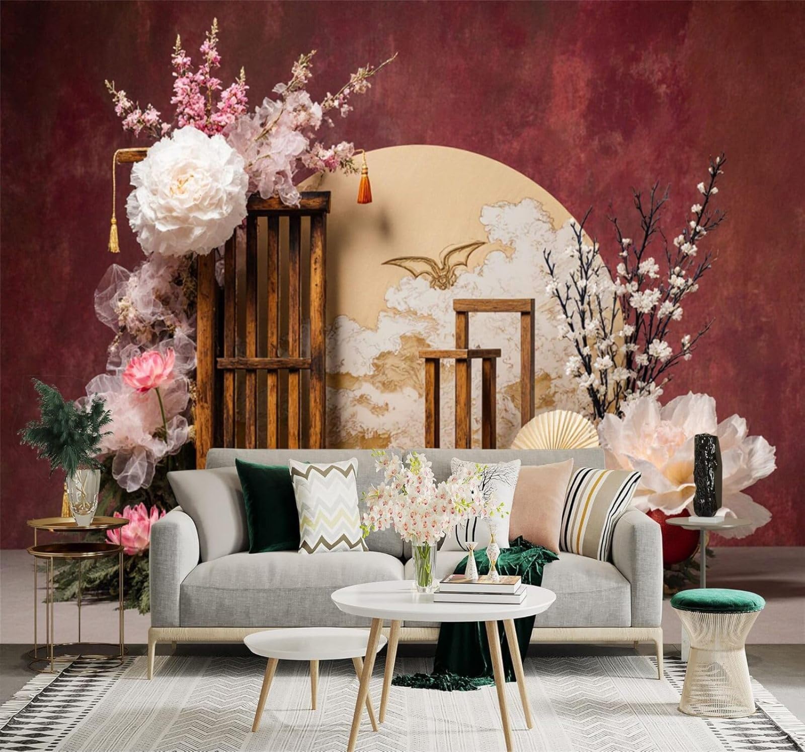 XLMING Creative Peony Lotus Wooden Frame Unique 3D Wallpaper Premium Textured Silk Study Dining Living Room Bedroom Sofa TV Wall Easy Install-250cm×170cm