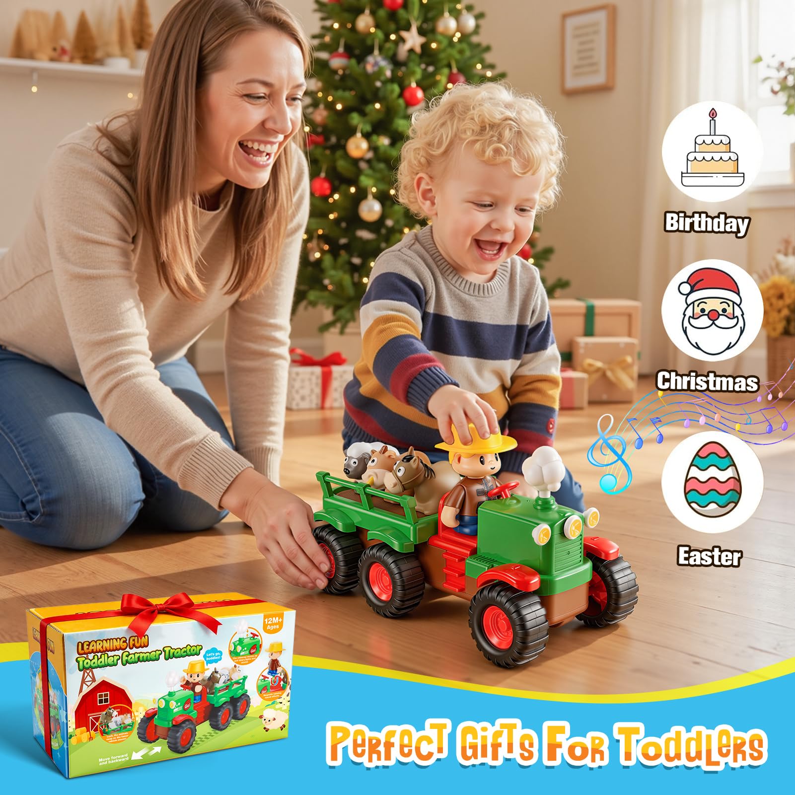 Gralal Trattore Fattoria Giochi per Bambini 1 2 3 Anni, Veicolo Musicale Push and Go con Animali, Giocattoli Montessori a Tema Animali della Fattoria, Regalo Apprendimento Precoce per Neonati