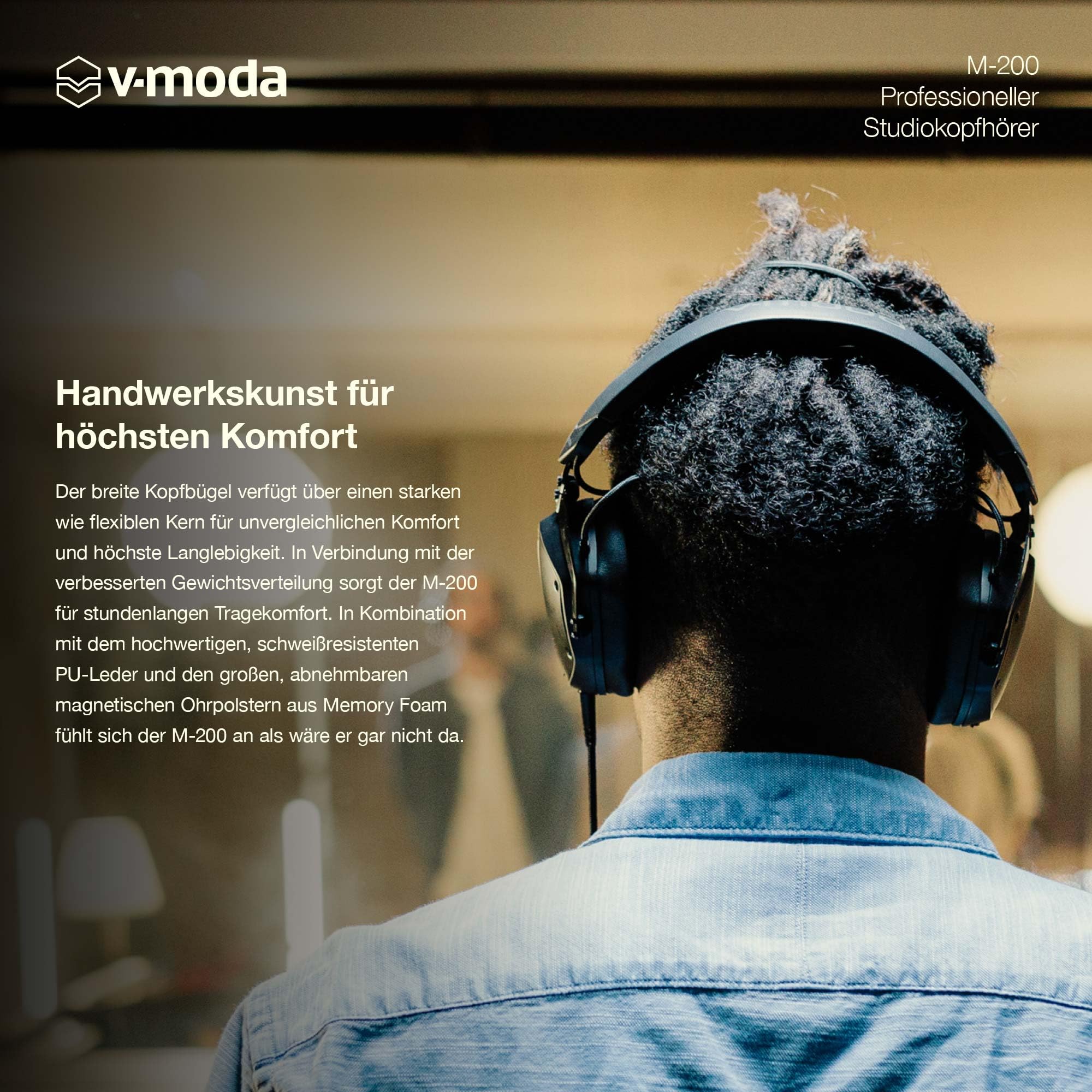 V-Moda M-200 professioneller Studiokopfhörer | Leichtmetallgehäuse | Anpassbares Kopfband zum Abhören mit einem Ohr | Hi-Res Audio-Zertifiziert | Exoskelett-Case | Mattschwarz