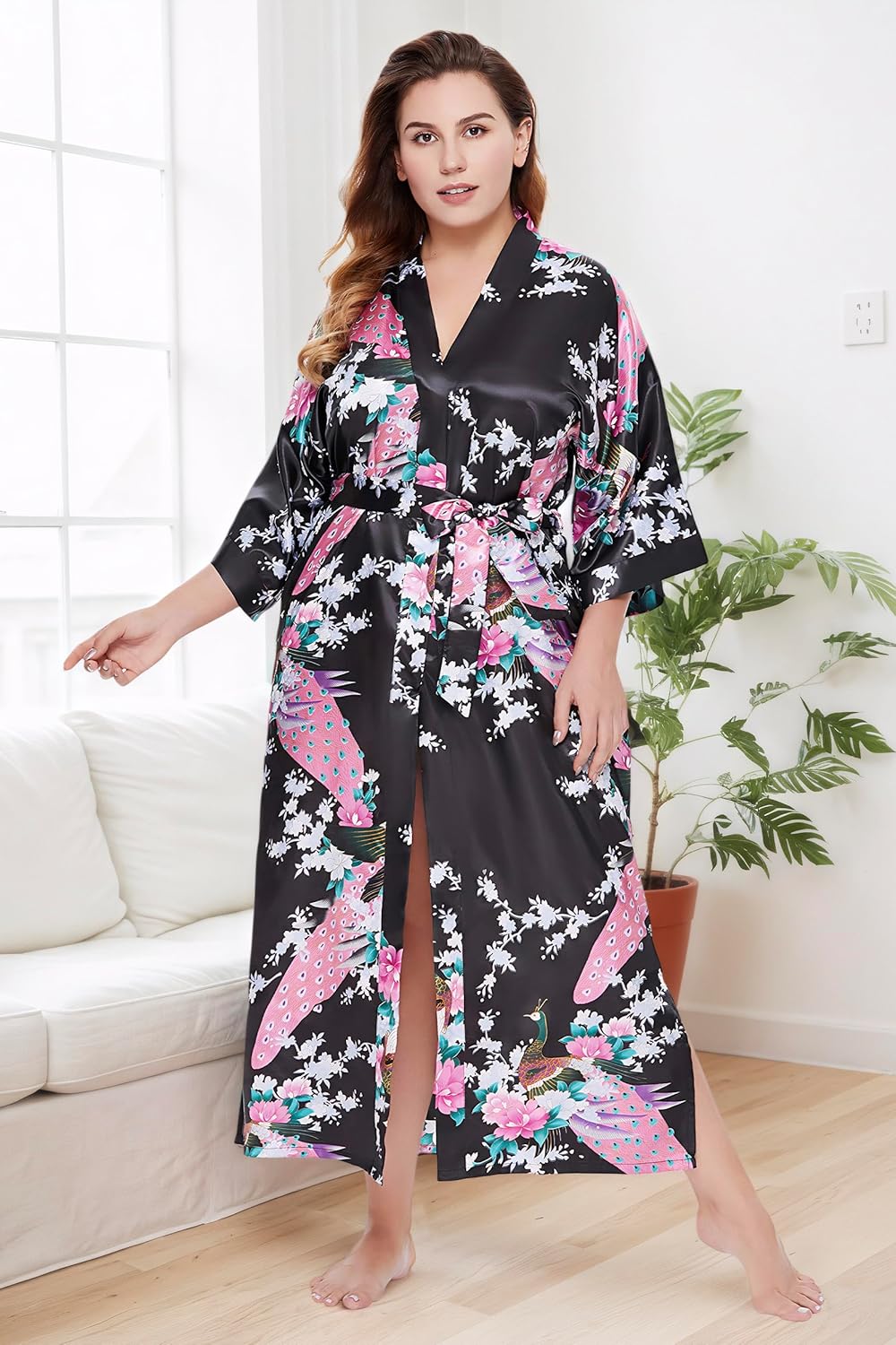 BABEYOND Women's Kimono Robe Long Satin Robes with Peacock and Blossoms Printed Kimono Nightgown - Image 4
