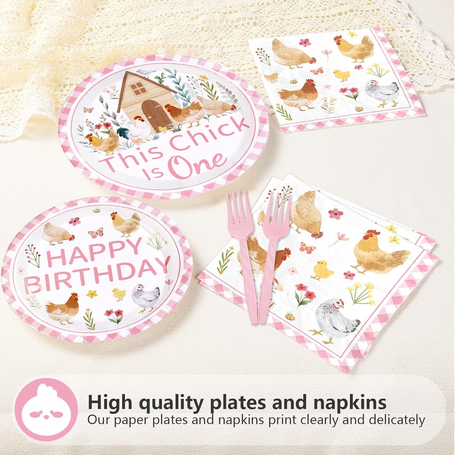96Pcs Chicken 1st Birthday Party Supplies This Chick Is One Party Plates and Napkins Disposable Farm Animal Barnyard Little Chick Tableware Set for Kids Baby Shower One Year Old Birthday Decor - Image 5
