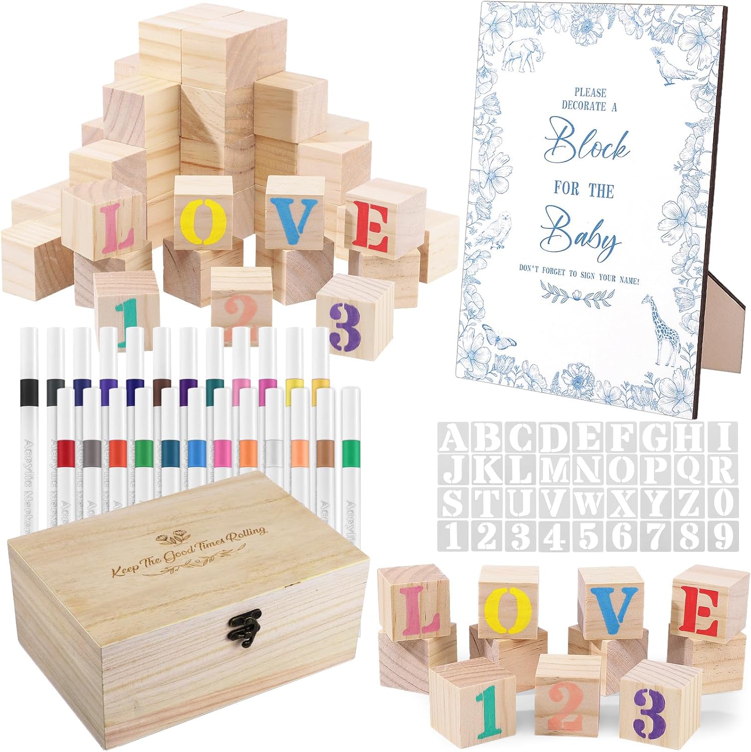 114Pcs Baby Shower Games Kit, 52 Blank Wooden Baby Shower Blocks 24 Acrylic Paint Marker 1 Wooden Sign 1 Storage Box and 36 Templates for Baby Shower Decorations