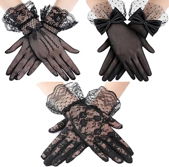 3 Pairs Women Lace Gloves, Bow Short Vintage Gloves for Tea Party Wedding Halloween