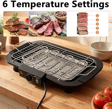 Electric BBQ Grill, 2000W Smokeless Indoor Outdoor Electric Barbecue with 6 Adjustable Temperature, Non-Stick Portable Grill for Home, Camping, Party, Removable Stand & Drip Tray, Easy to Clean