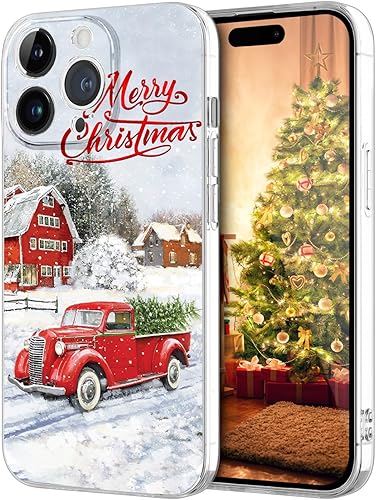 Newseego Funda para iPhone 15 Pro, bonito diseño de coche rojo con texto en inglés "Merry Christmas", para mujeres y niñas, niños, anti-amarillo,