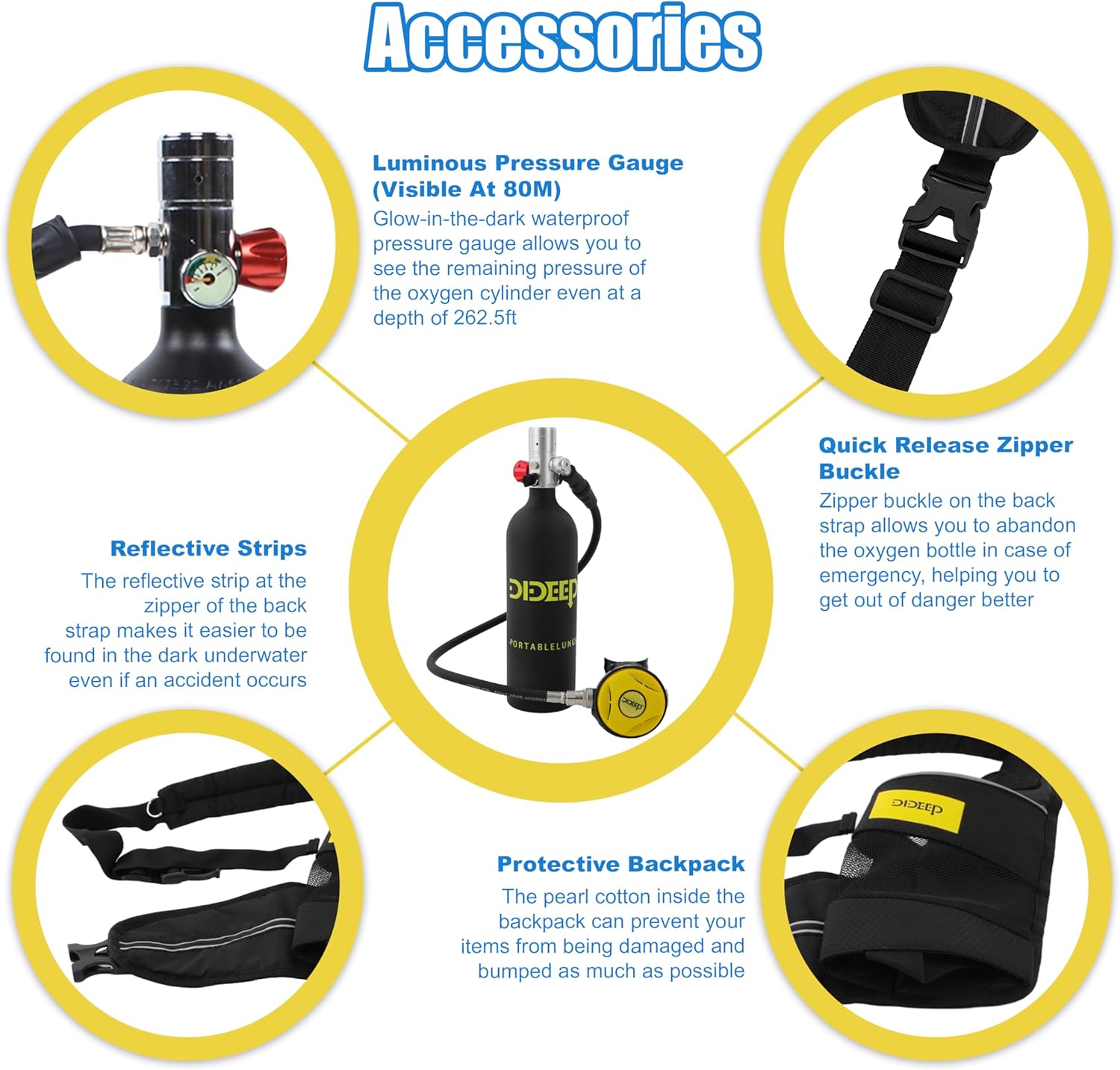 DIDEEP 1L Portable Lung Tank Mini Scuba Tank, 10-15 Minutes Breath Underwater Diving Gear with Inflation Adapter and Backpack Strap, for Underwater Breathe Training Fishing Snorkeling