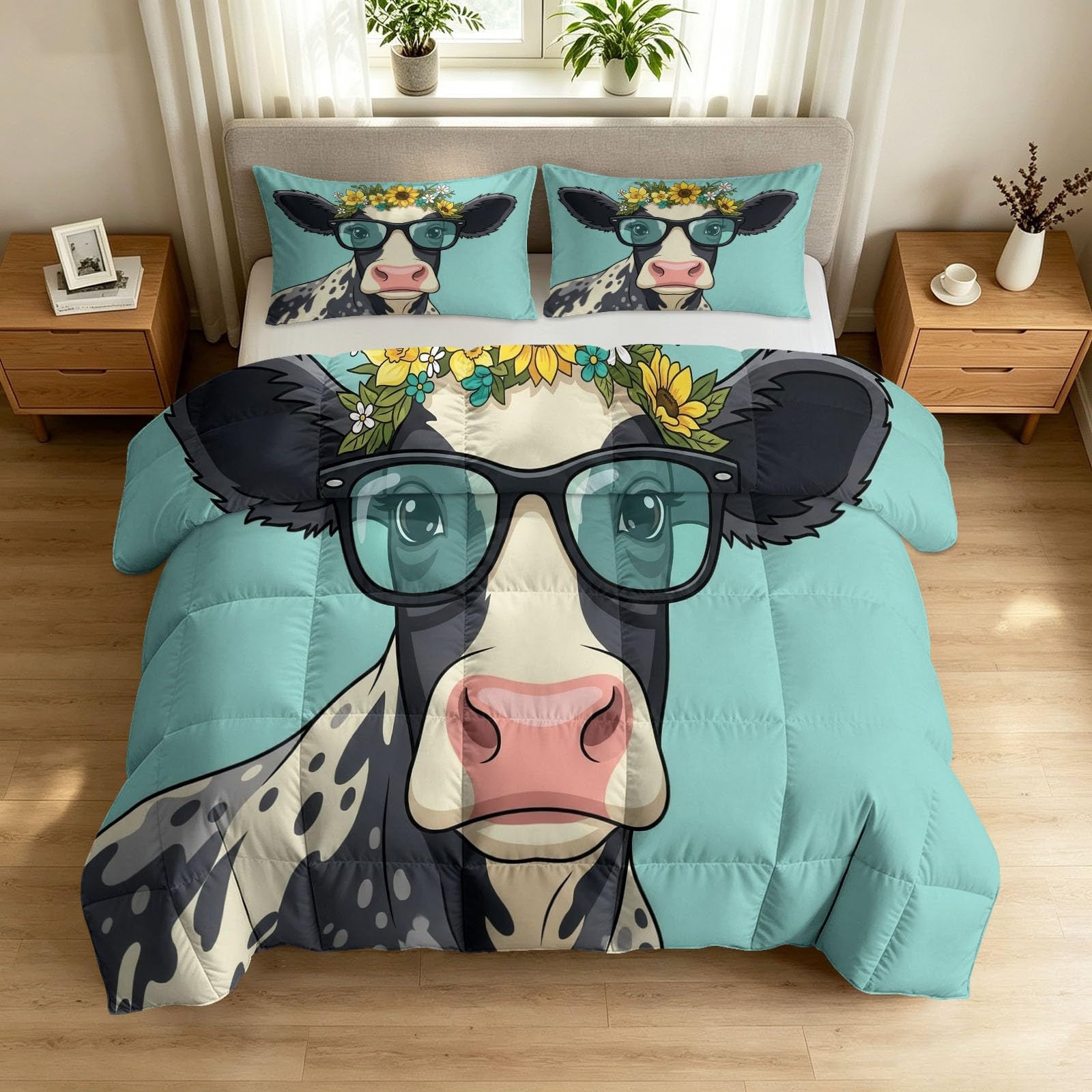 Couette 220 x 240 cm 4 saisons avec 2 taies d'oreiller motif vache floral
