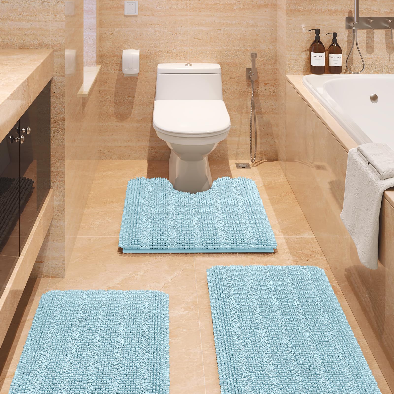 Striped Spa Blue Bathroom Rug Set 3 Pieces Ultra Soft, Non Slip Chenille Bath Carpet, Absorbent Plush Shaggy Bath Mats for Bathroom, Toilet, Bedroom,
