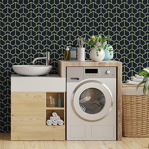 Miniatura 7 de VEELIKE Papel tapiz geométrico azul oscuro dorado de 17.7 x 354 pulgadas para despegar y pegar para dormitorio, papel de contacto geométrico