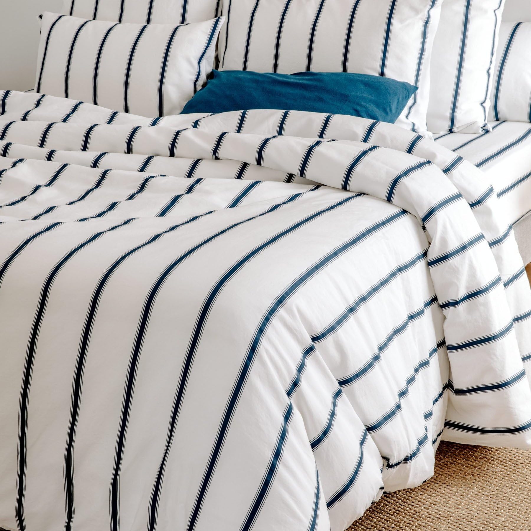 Kadolis - Sábana Bajera Adulto 160x200 cm Baïa Algodón Ecológico Rayas - 100% Algodón Ecológico Gots - Funda de colchón de 30 cm de Grosor - Estampado de Rayas - Ropa de Cama Made in Portugal