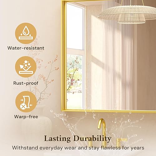 Miniatura 3 de TETOTE Espejo de baño dorado cepillado de 40 x 30 pulgadas, espejo rectangular con marco dorado para tocador de baño, espejo de pared grande y