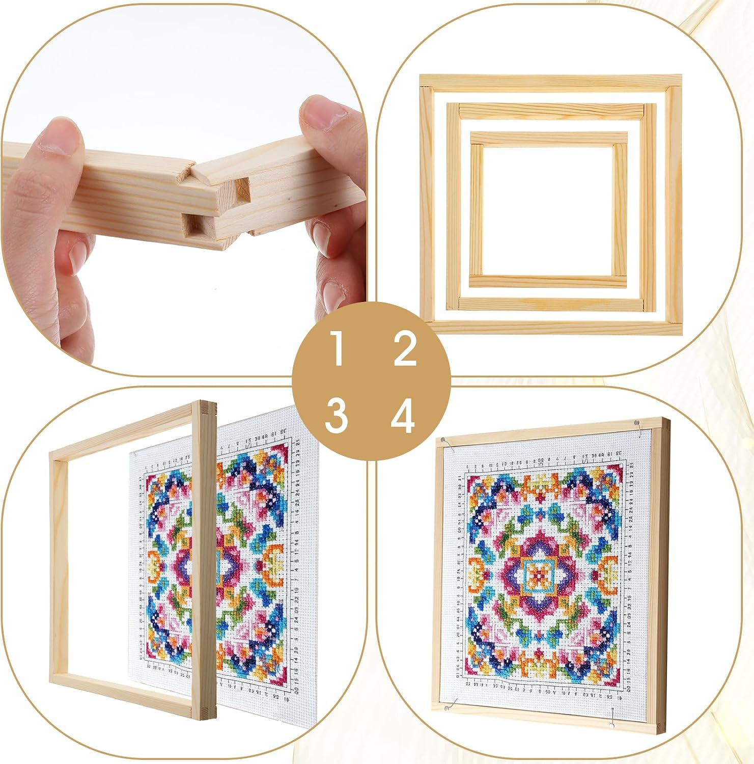 Afcabakila 24 PCS Needlepoint Stretcher Bars Set, 6 Sizes Wooden Canvas Splicing Stretcher Bars for Needlework Embroidery Stitch Frame Set Bundle with Tool-Free Assembly, Natural Wood Color