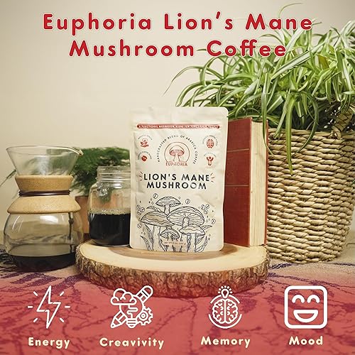 Miniatura 4 de Euphoria Café arábica con melena de león orgánica  Mejora el enfoque mental y la salud digestiva  Café orgánico molido  Vegano, sin OMG  9 oz (250g)