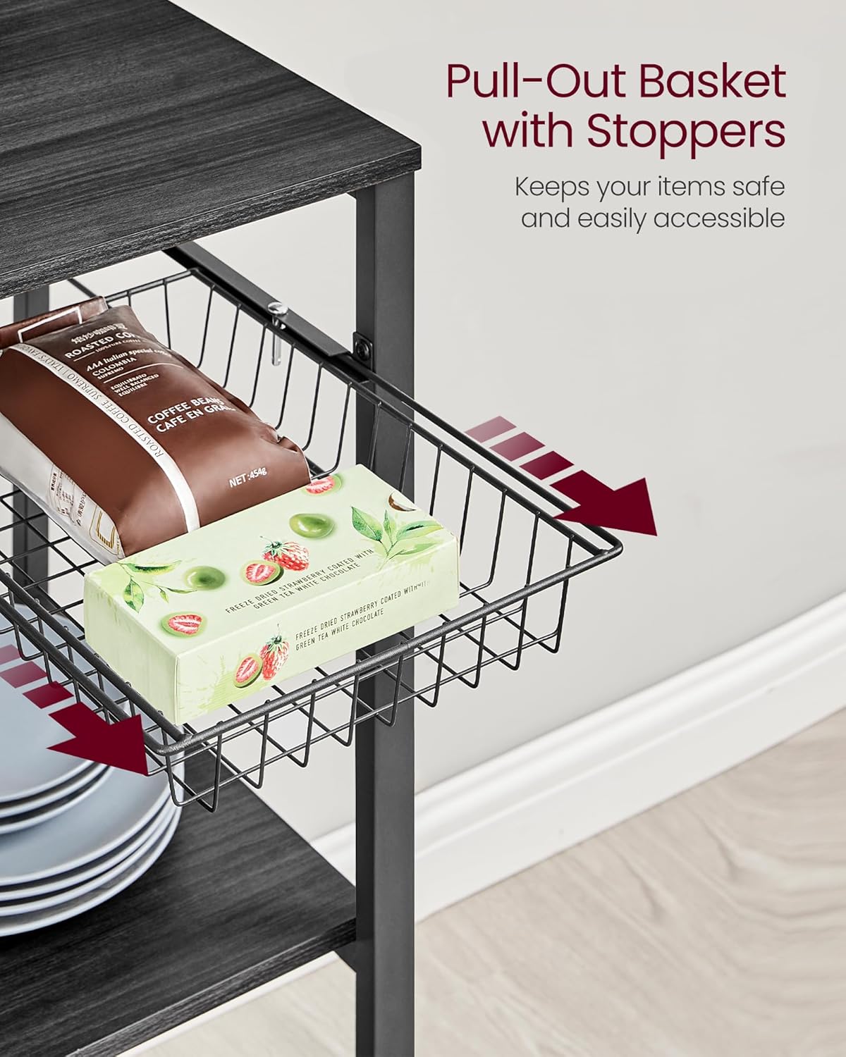 VASAGLE Bakers Rack with Magnetic Knife Holder, Paper Holder, Wire Basket, 8 Hooks, Organizers and Storage, Baker's Rack with Wire Basket, Ebonized Oak Finish and Black UKKS026B42