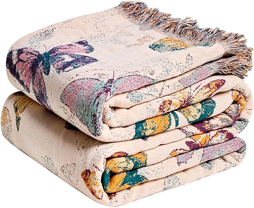 Miniatura 20 de MSGKV - Manta bohemia para sofá con hojas de algodón 50 x 60 pulgadas, mantas para sofá, silla, muselina transpirable, ligera, mantas de estilo