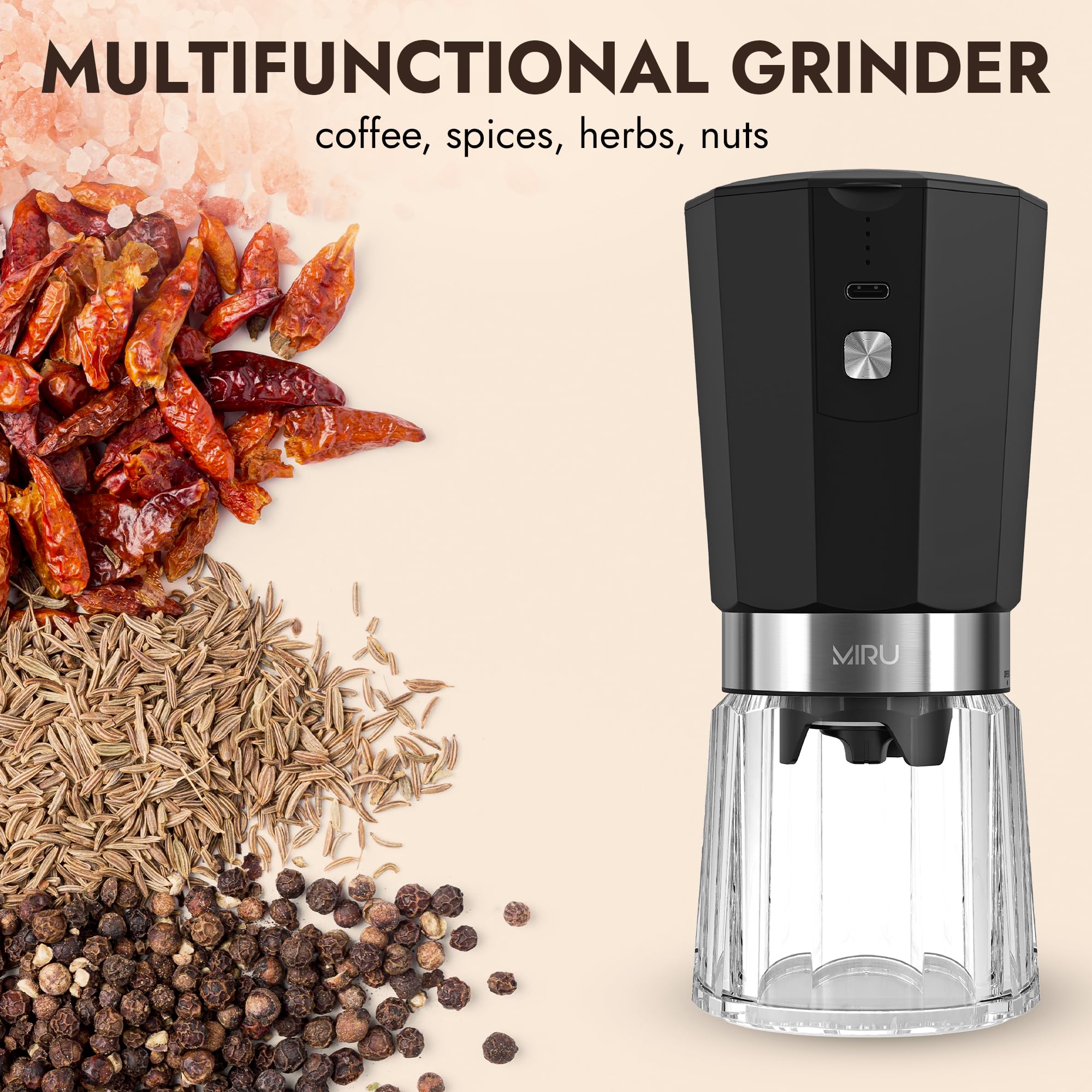 MIRU Macina Caffe' Elettrico Regolabile Senza Fili Con Macine in Ceramica, 5 Modalità Di Macinatura, Macina Spezie, Semi e Lino, Rivestimento Antiscivolo (Nero, Capacità Di 36 g)