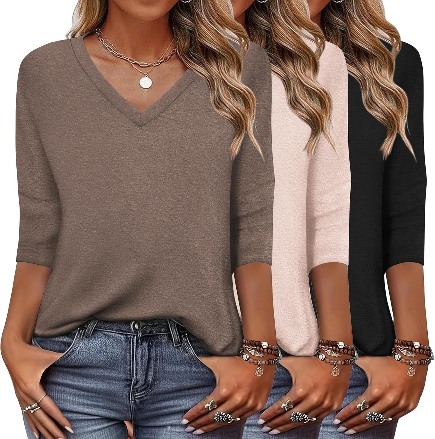 Zeagoo Women’s T Shirts 3 Pack 3/4 Sleeve V Neck Basics Tees Casual Loose Fit Soft Fall Tops Outfits 2025 S-XXXL