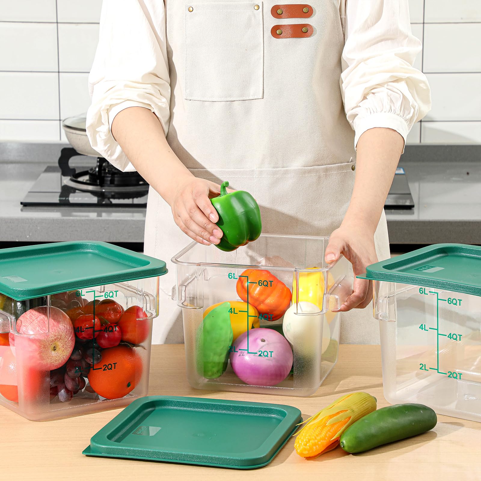 Ziliny 3 juegos de recipientes cuadrados de almacenamiento de alimentos de 6 cuartos de galón con tapas, recipientes comerciales de policarbonato con escala, cereales herméticos transparentes para