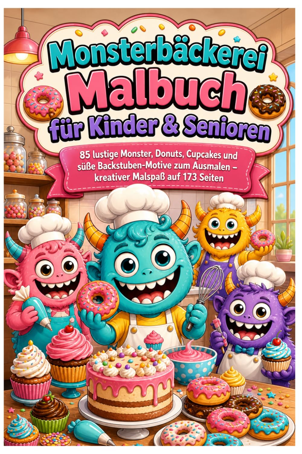 Monsterbäckerei Malbuch für Kinder & Senioren: 85 lustige Monster, Donuts, Cupcakes und süße Backstuben-Motive zum Ausmalen – kreativer Malspaß auf 173 Seiten