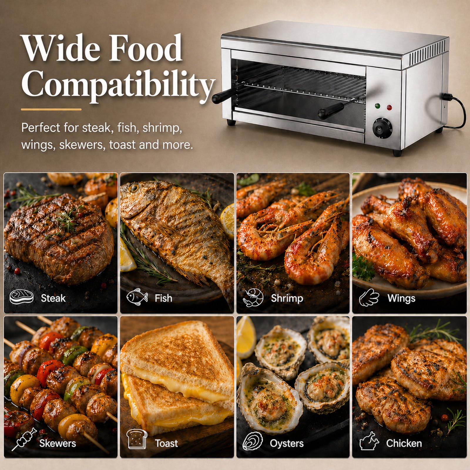 Fácil de Limpiar Salamandra Eléctrica 2000 W, fundidor de Queso Profesional con 4 Niveles, Control termostático y diseño de Pared para Tostadas y Pizza