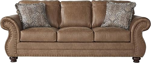 Roundhill Furniture Sofá Leinster de piel sintética con cabezas de clavos de bronce antiguo