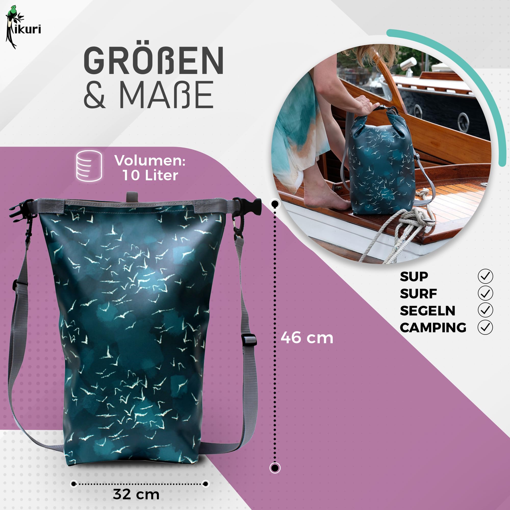 Ikuri Drybag Trockentasche Rucksack Rolltop Wasserdicht aus Plane - Tasche für SUP, Surf, Kayak, Outdoor - Design Marina