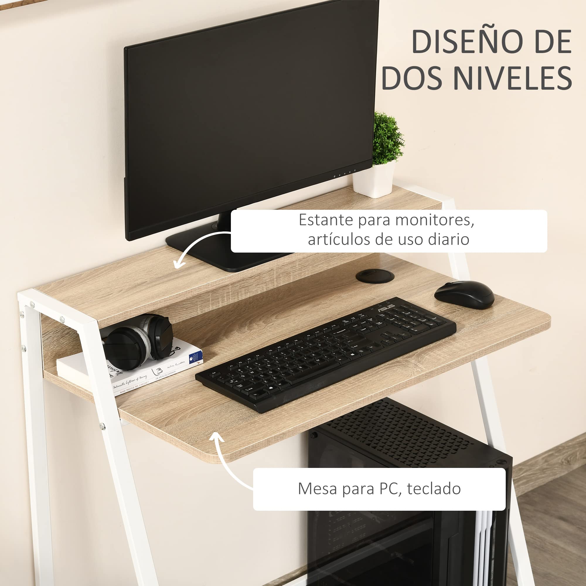 HOMCOM Escritorio Mesa de Ordenador con Patas de Metal 84x45x85 cm Roble